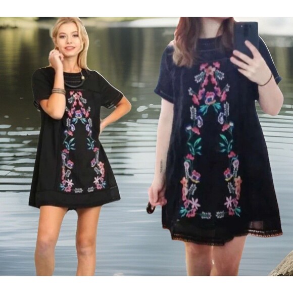 Chic Umber Embroidered Eyelet Lined Mini Tunic Dress Boho Vacation Floral S - Picture 1 of 9